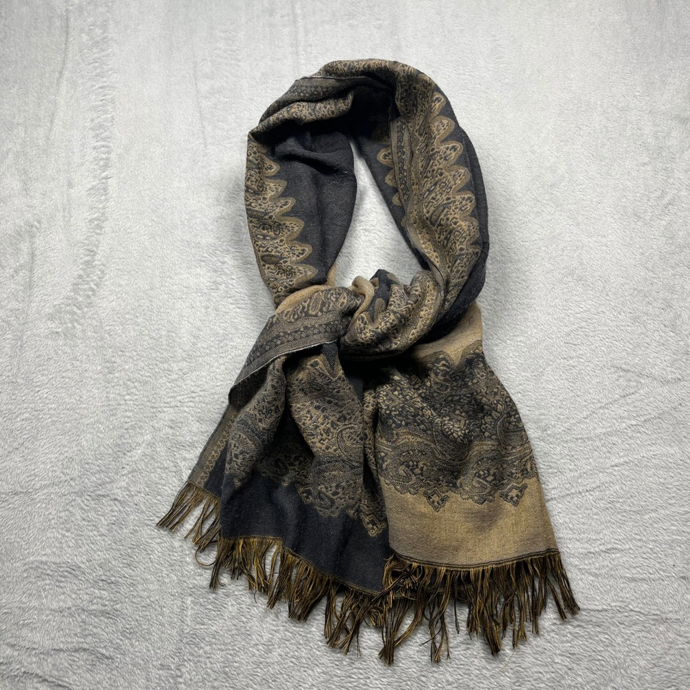 Larentina Pashmina Scarf Gold Charcoal Reversible Paisley Silk Wrap Unisex OS